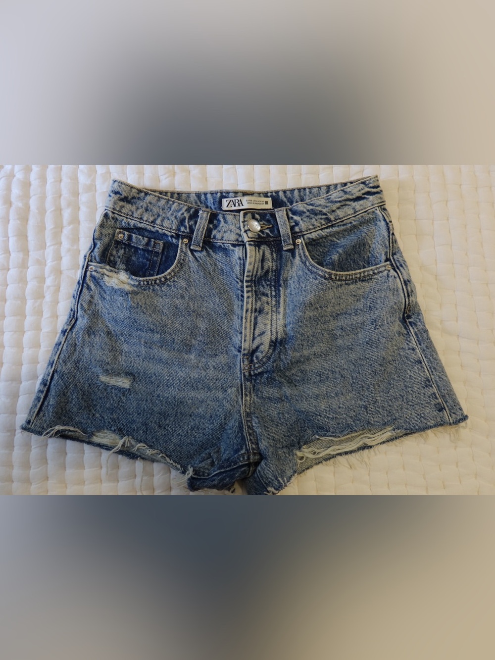 Zara Blue Distressed High-Waist Denim Shorts